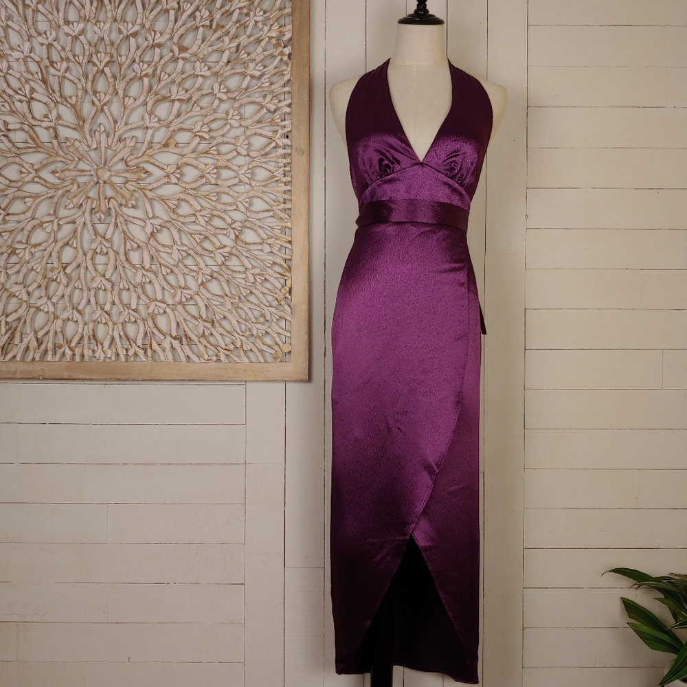 EXPRESS Textured Satin Wrap Hi-Lo Halter Maxi Purple Dress Size S